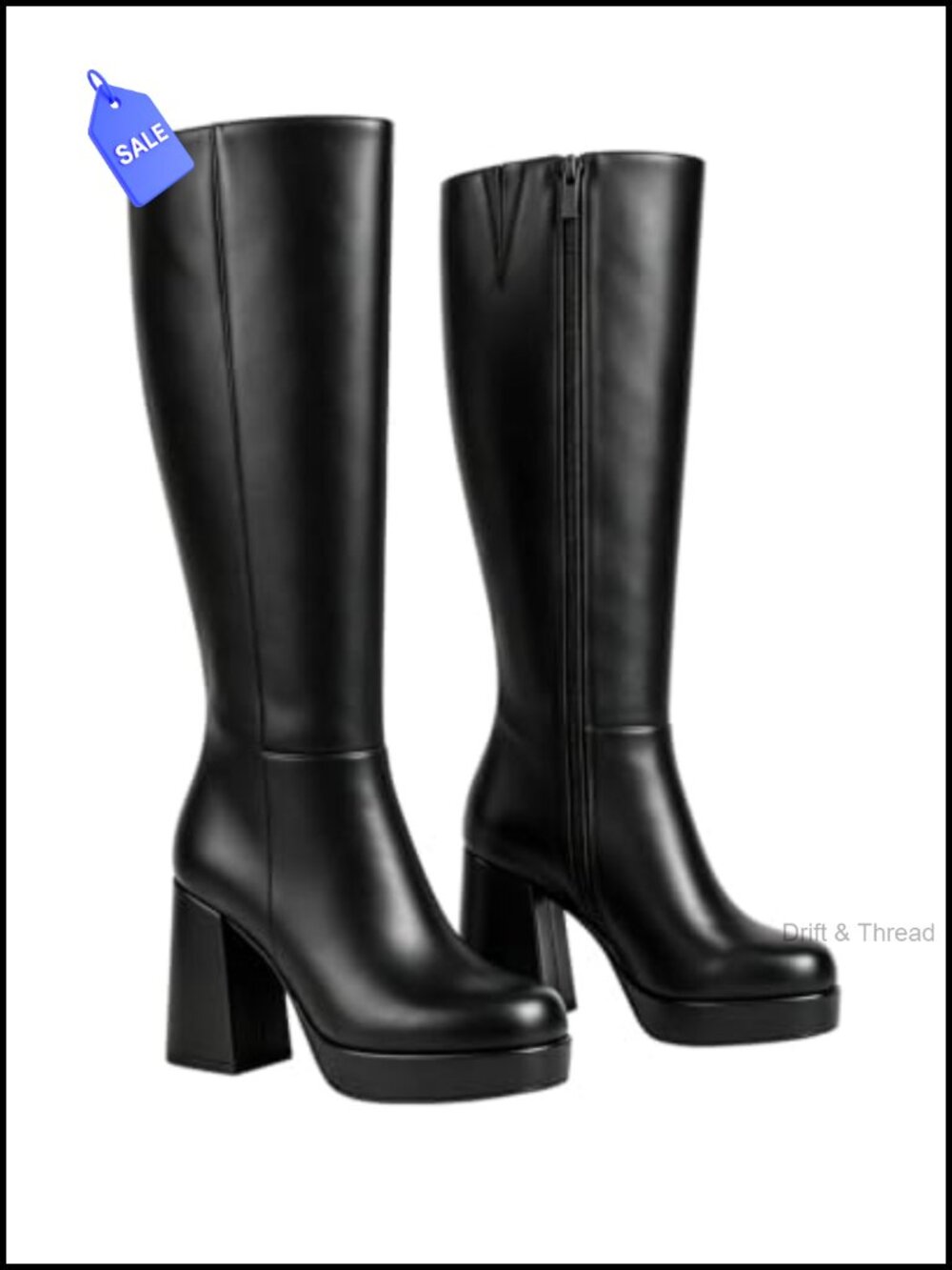 Square Toe Knee High Boots for Women, Platform Block Heel, Side Zip, PU Leather